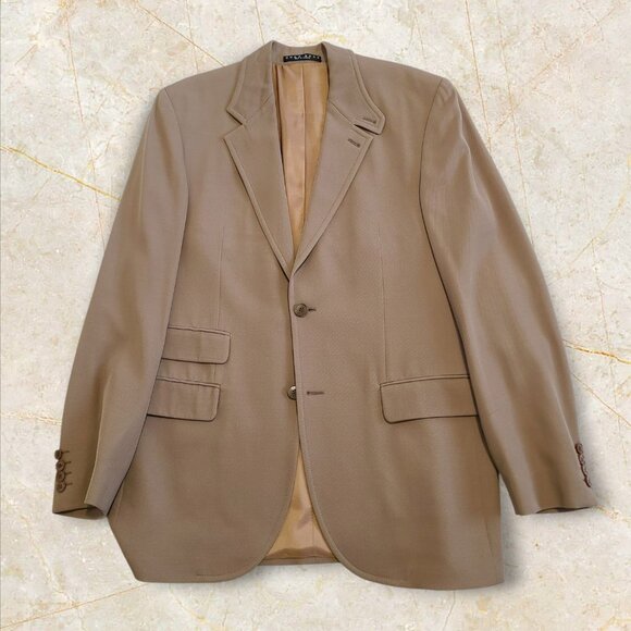 Hugo Boss Men’s Light Brown Wool Blazer Leather Trim Jacket Size 42L Burton - Picture 1 of 14